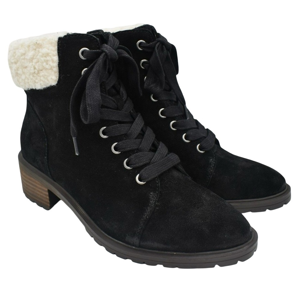 Lucky Brand "Jacenia" Black Suede Lace-Up Combat Boot Ivory Faux Shearling Cuffs